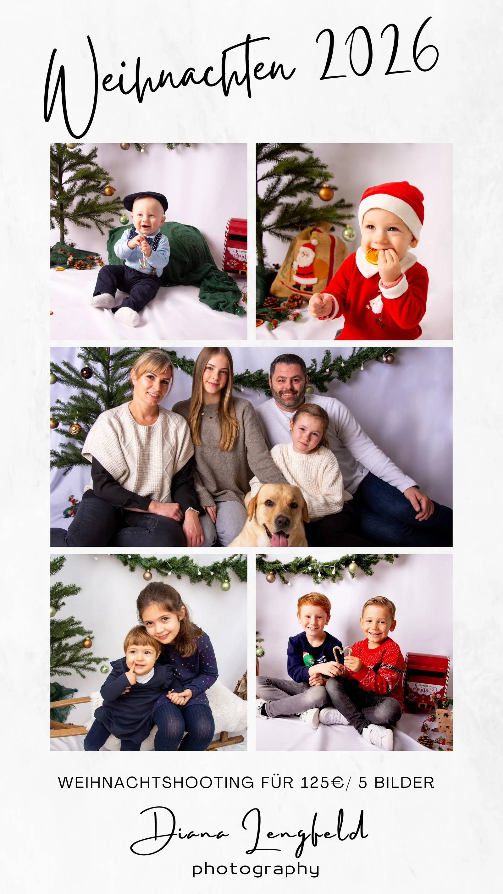 Flyer Weihnachten 2026 von Diana Lengfeld mit Kinder- und Familienfotos: Weihnachtsshooting für 125 € / 5 Bilder